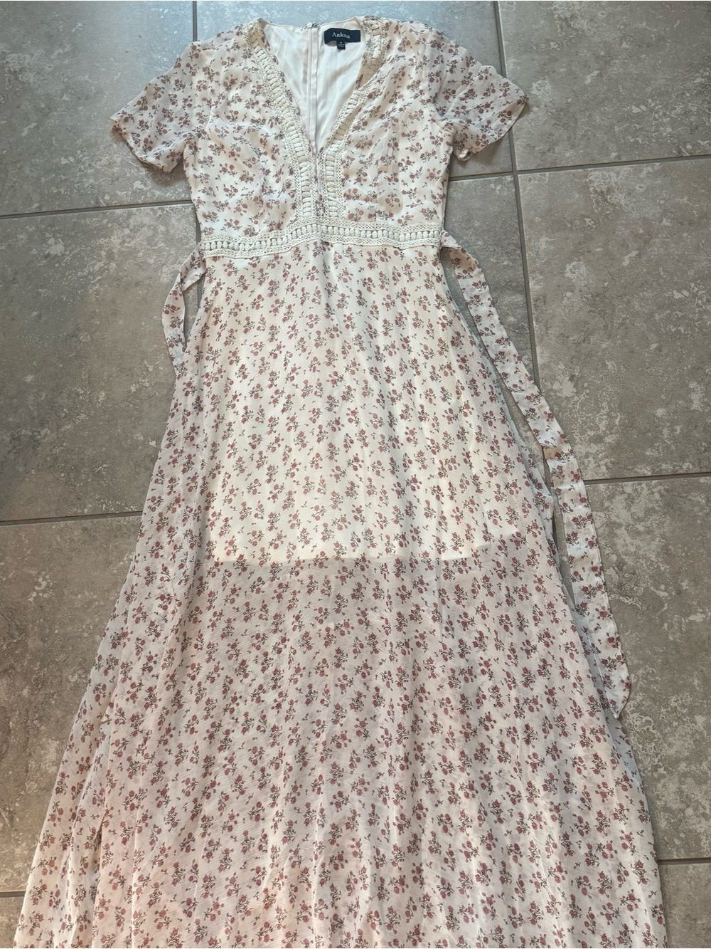 Aakaa Cream Maxi Dress with Pink Floral Print